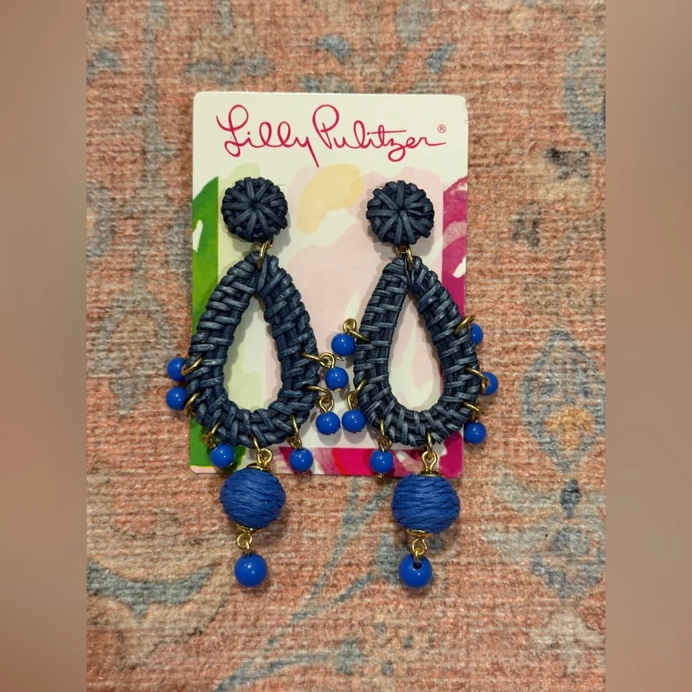 Brand New Lilly Pulitzer Alba Blue Dangling Raffia Earrings - Picture 3 of 5